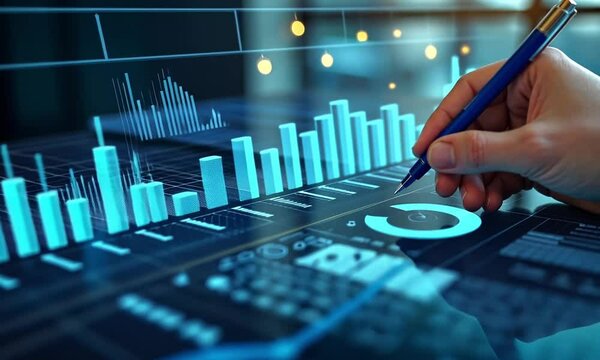 Hand annotating digital charts and graphs on a futuristic touchscreen device.