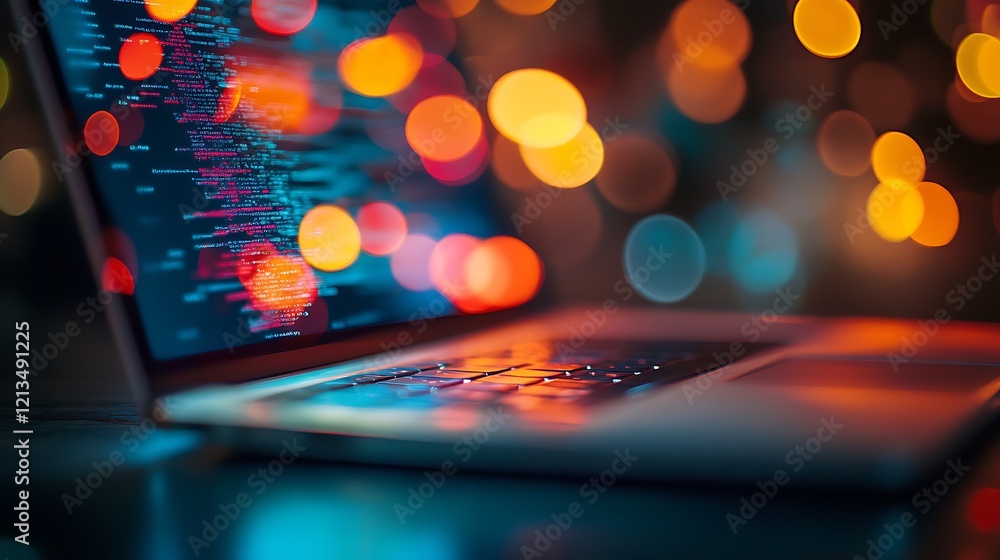 Poster night coding: laptop screen glowing with code in a city lights blur