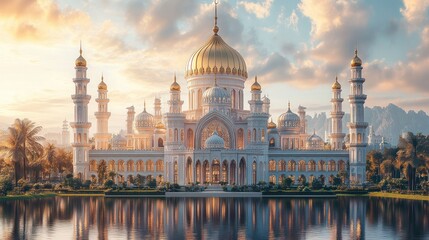 Majestic Mosque Sunrise Reflection, Desert Oasis