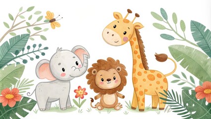Naklejka premium Cute Watercolor Safari Animals Elephant, Lion, Giraffe in Tropical Leaves, Watercolor Illustration, Jungle Animals Safari Animals, Watercolor Painting