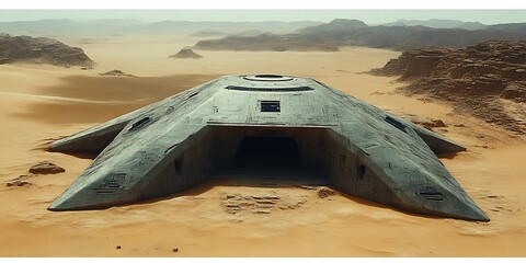 Crashed spaceship in desert.