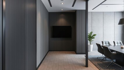 Modern Office Interior Design Featuring Minimalist Conference Room with Dark Wood Paneling and Contemporary Furniture in a Corporate Setting