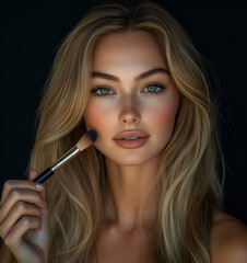 Obraz premium beautiful Korean woman with long hair, smiling and holding a makeup brush in her hand