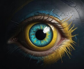 Obraz premium Blue and yellow eyeball on a dark background as part of abstract art piece, art, mysterious, bold