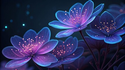 Fototapeta premium Glowing Blue Flowers 3D Render, Close-up, Fantasy Floral Concept, digital art, vibrant, neon, dark background Digital art