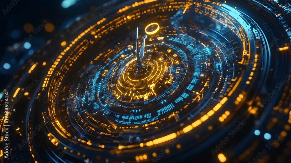 Aufkleber a glowing timepiece with intricate gears and digital data flowing around it