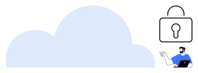 Cloud graphic with padlock symbol represents online security, while figure with laptop highlights user interaction. Ideal for cybersecurity, data protection, cloud services, digital privacy