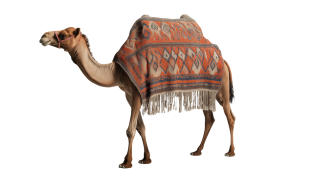Majestic Camel Adorned in Vibrant Textile Desert Animal Photography for Travel and Tourism