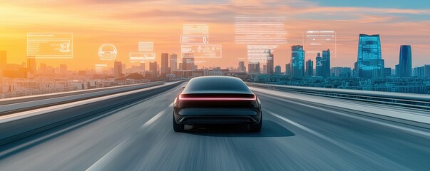 ev car concept. Futuristic car driving on a highway with a city skyline and digital interfaces at sunset.