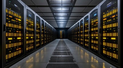 Fototapeta premium View of a server room with rows of high-performance servers and network cables, demonstrating the critical infrastructure for businesses relying on data storage and computing.