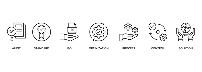 Quality banner web icon illustration concept pictogram with English keywords and icon of audit, standard, ISO, optimizing, process, control