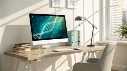 Modern Desk Setup DNA Digital Art on iMac, Minimalist Composition, Sunlit Workspace, Genomics Research. Genomics, Biotechnology