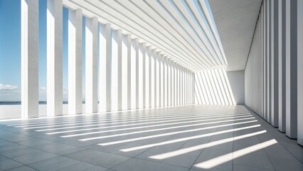 Obraz premium Modern Minimalist Architecture Sunlit Columns and Striped Shadows, Architectural Photography,Abstract Design Keywords Architecture, Photography