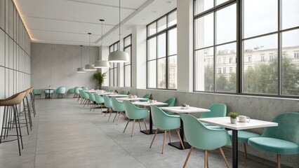 Fototapeta premium Modern Cafe Interior Design Long Table with Mint Green Chairs and Pendant Lighting, Concrete Wall, Large Windows, Minimalist Concept Cafe Design, Interior Photography