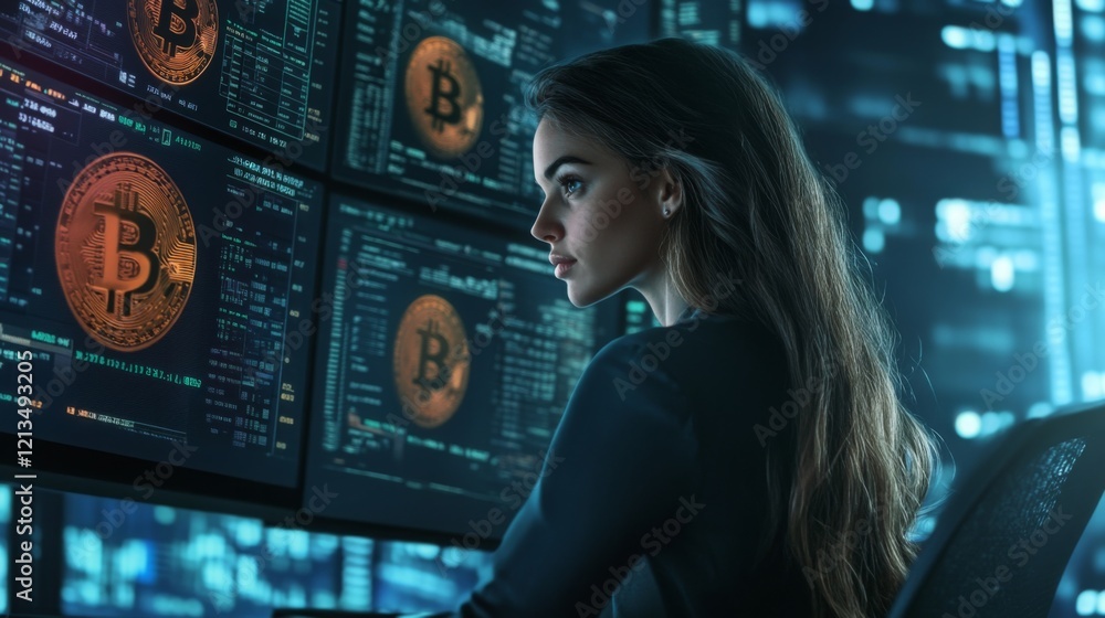 Poster a focused woman studies multiple screens displaying cryptocurrency information in a sleek, dimly lit