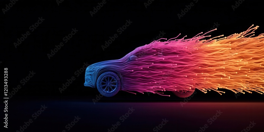 Aufkleber ev car concept. a dynamic car image with vibrant, colorful speed lines trailing behind.