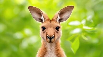 Fototapeta premium Cute young kangaroo looks directly forward against a vibrant green foliage background in bright daylight.