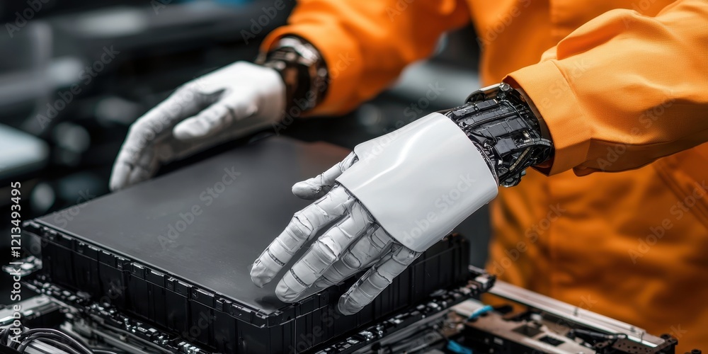 Poster ev car concept. technician in gloves handling a black device in a high-tech environment.