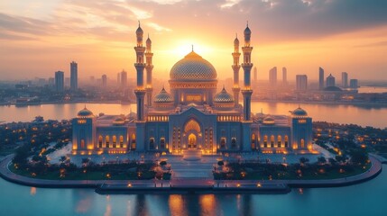 Naklejka premium Sunrise Mosque Cityscape Aerial View
