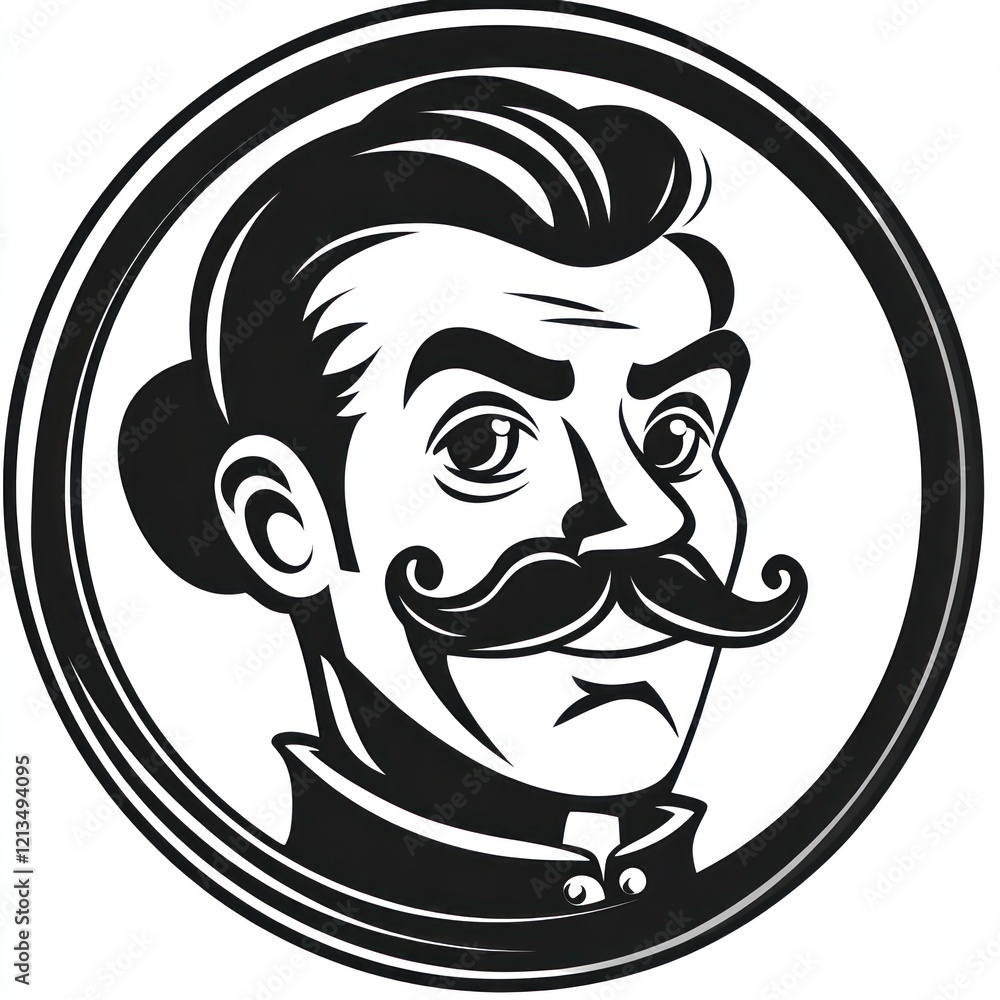 Poster portrait of a man with a mustache in a circular frame, use for avatar or design element