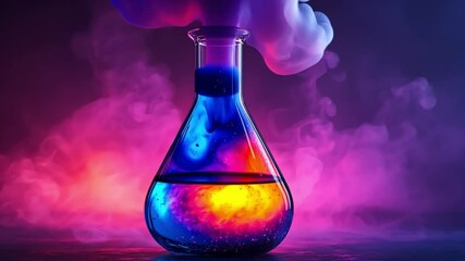 Colorful laboratory flask with swirling liquid and cloud, set against a vibrant smoke background