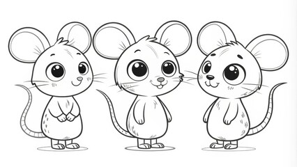 Obraz premium Three Cute Cartoon Mice Black and White Line Art, Adorable Rodents Illustration, Kawaii Style mouse illustration, kawaii art