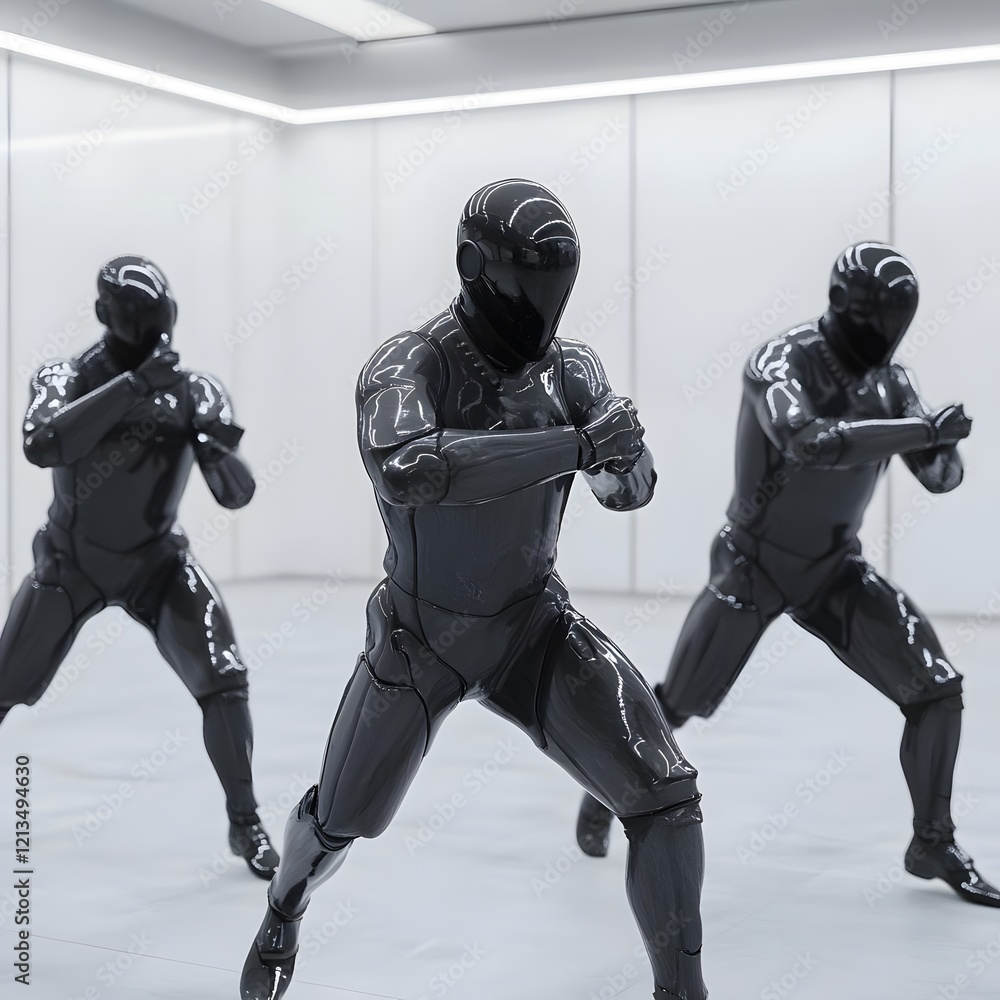 Aufkleber three humanoid robots in a futuristic setting, striking dynamic poses.