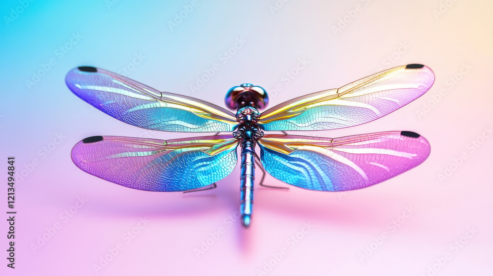Poster dragonfly with iridescent wings against soft gradient background
