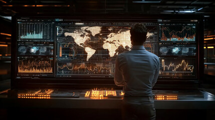 Man viewing global data on large screen.