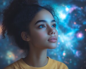 Dreamy portrait of a young woman gazing upwards against a cosmic backdrop.