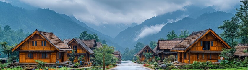 Obraz premium Cultural travel experience at settinee homestay scenic mountain village immersive tourism adventure serene environment authentic viewpoint