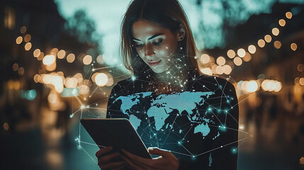 Woman using tablet, global network overlay.