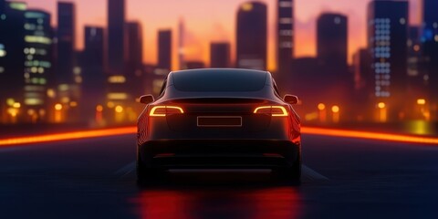 Fototapeta premium ev car concept. A sleek car facing a city skyline at sunset, illuminated by city lights.