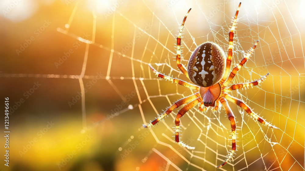Poster spider weaves its web in golden sunlight, creating delicate pattern