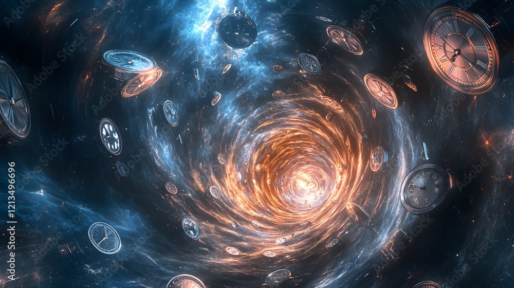 Poster a time-bending portal in space with clocks swirling around it in different directions