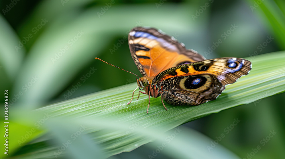 Aufkleber vibrant butterfly with striking patterns rests on green leaf in serene setting