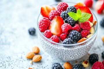 A vibrant visual of a sugar-free dessert, featuring chia pudding, fresh fruit