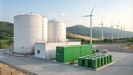 Obraz premium Green Energy Storage Facility Two White Tanks, Green Containers, Wind Turbines in Mountainous Landscape, Renewable Energy, Sustainable Power Renewable Energy, Sustainable Technology