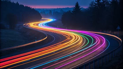 Fototapeten Night Highway Light Trails Rainbow Curves, Long Exposure Photography, Abstract Motion, Landscape light painting, night photography © Ruby