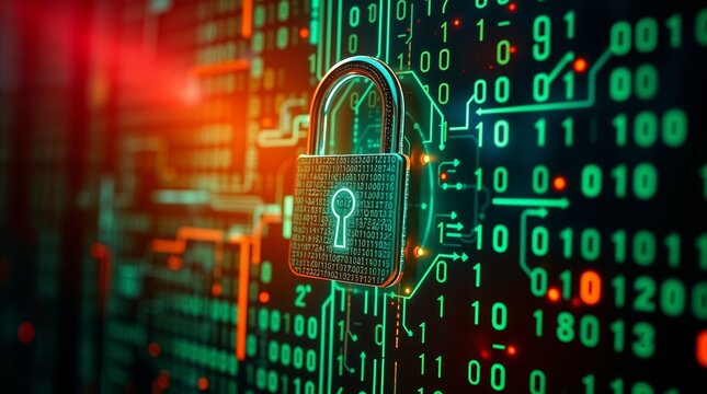 High-resolution stock photo, cinematic style. Glowing digital lock, encrypted data streams, binary code.