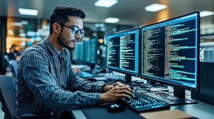 Asian man with glasses deeply focused on coding for cyber security in a modern office, reflecting programming data in his eyewear, working on hacking prevention strategies.
