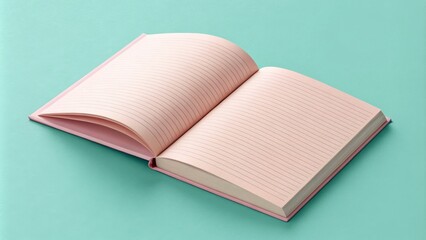 Pink Notebook on Teal Background Open Book Composition, Lined Paper, Minimalist Concept Notebook, Minimalist