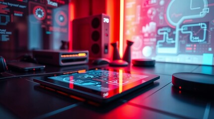 A warm, gentle soft light illuminates a tight close-up shot of a futuristic tech workspace.