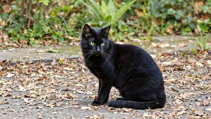 Elegant Black Cat Sitting on Ground, Sleek Feline Photography