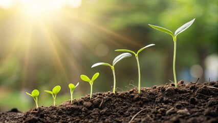 Seedling Growth Stages Sunlit Soil, Plants Sprouting, Nature Photography, Growth Concept Seedling, Growth