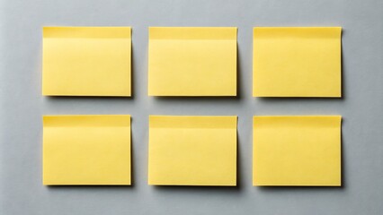 Fototapeta premium Six Yellow Sticky Notes on Grey Background Minimalist Composition, Flatlay Photography, Office Supplies Concept sticky notes, minimalism