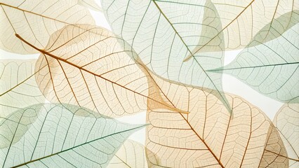 Obraz premium Skeletal Leaves Beige and Green Overlay Composition, Nature Texture, Botanical Art, Leaf Veins Leaf Skeleton, Botanical Photography