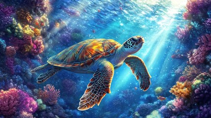 Obraz premium Majestic Sea Turtle in Vibrant Coral Reef