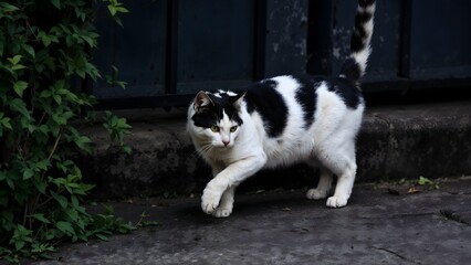 Stray Cat Photography, Black and White Feline on City Sidewalk