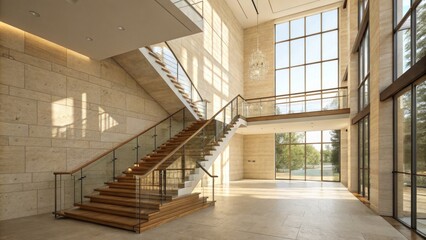 Obraz premium Sunlit Modern Staircase Wooden Steps, Glass Railing, Beige Stone Walls, Interior Design, Architectural Photography, Luxury Home Interior Design, Architectural Photography